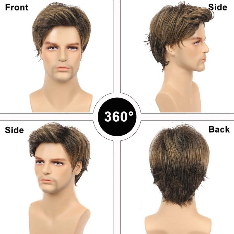 Kaneles Mens Wigs Short Straight Brown mix Natural Synthetic Cosplay Hair Wigs for Male Guy - Image 3
